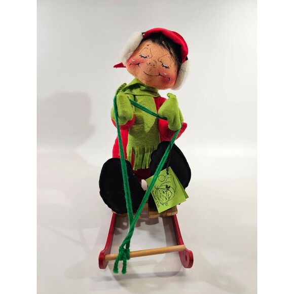 VINTAGE 1980s 14" Annalee Mobilitee Doll Girl Sled Sleigh Christmas Holiday Deco - Picture 5 of 9